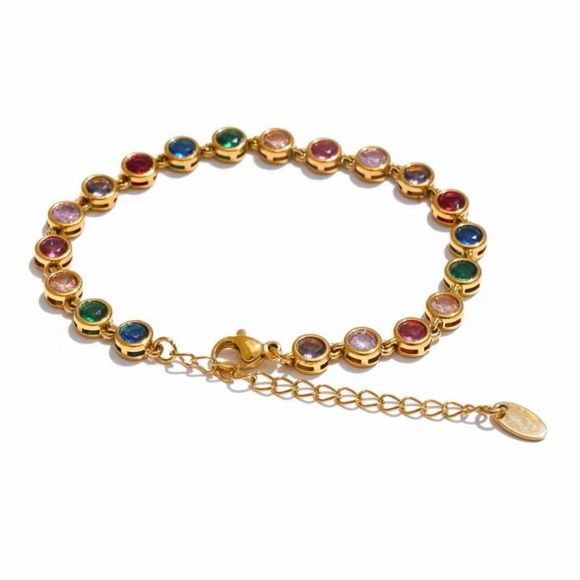 18K Gold Plated Multicoloured Tennis Bracelet*Colorful Rainbow Tennis Bracelet - Picture 1 of 4